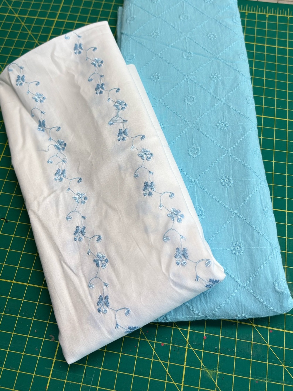 Blue Embroidered Floral & White& Blue Embroidered Fabric Pair